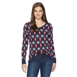 Isabella's Closet Womens All Over Santa V-Neck Ugly Christmas, Blue, Size Medium